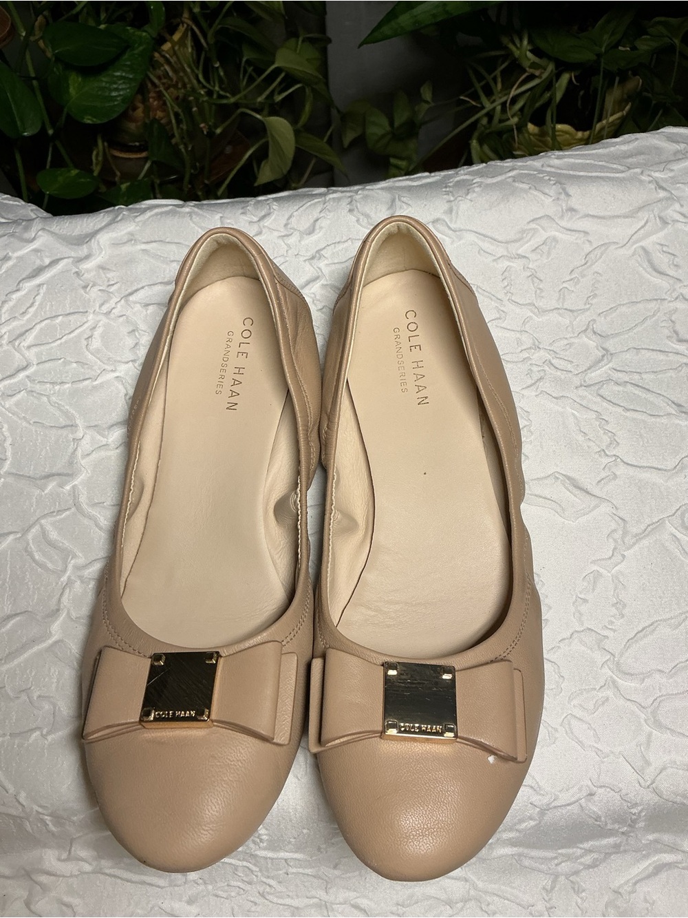Cole Haan Beige Leather Bow Ballet Flats with Gold Accent